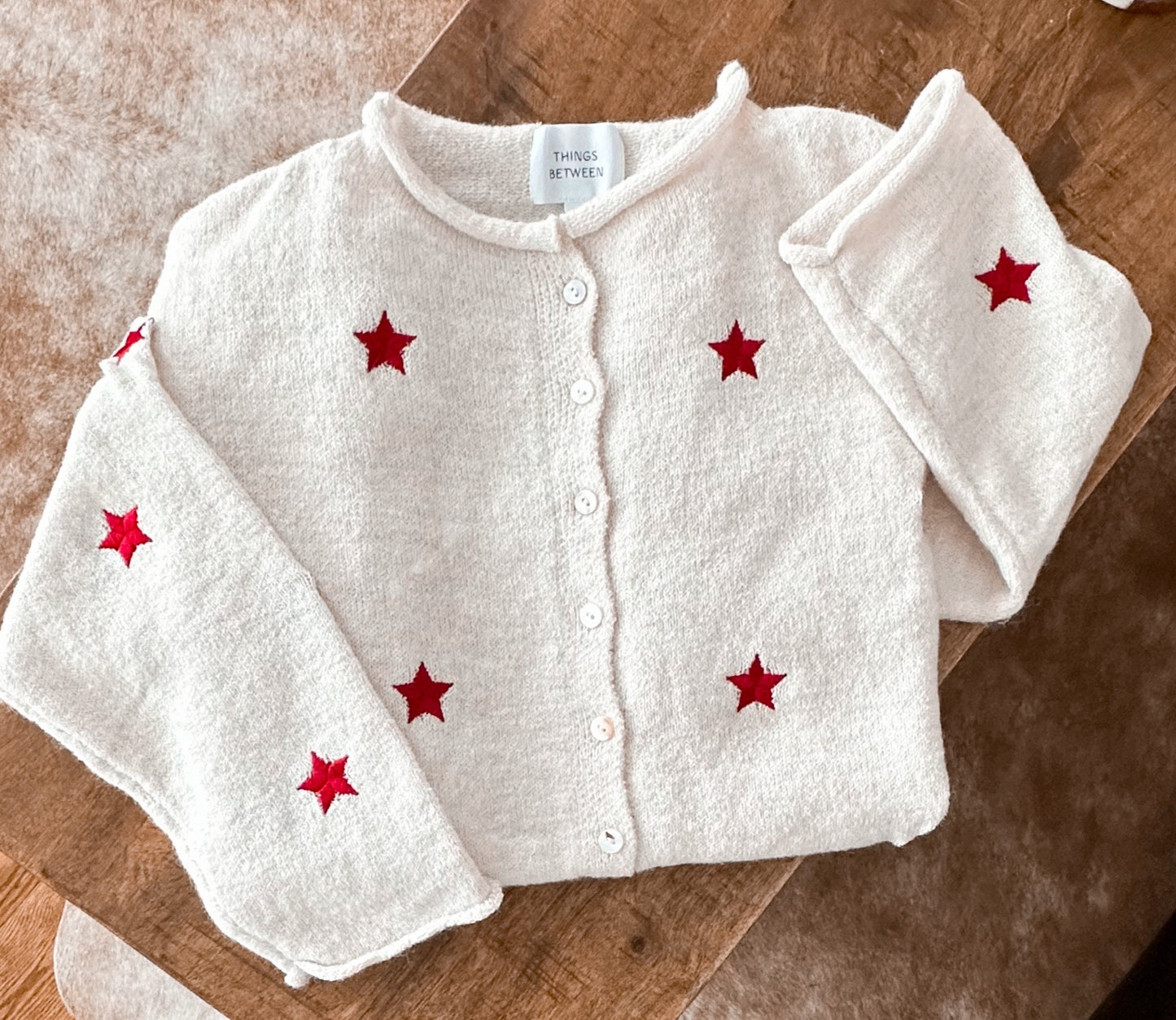 Piper Cardigan - Natural Color with Red Embroidered Stars