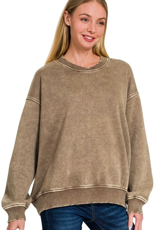 Lazy Days Acid Wash Pullover - Mocha