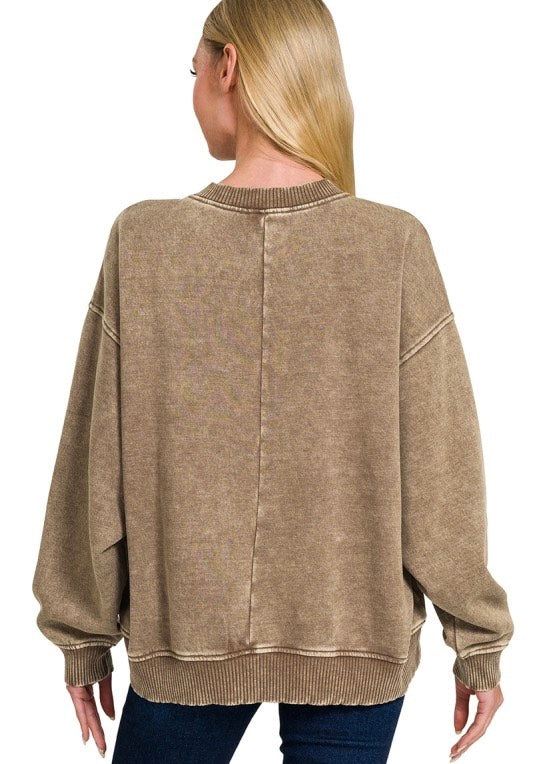 Lazy Days Acid Wash Pullover - Mocha