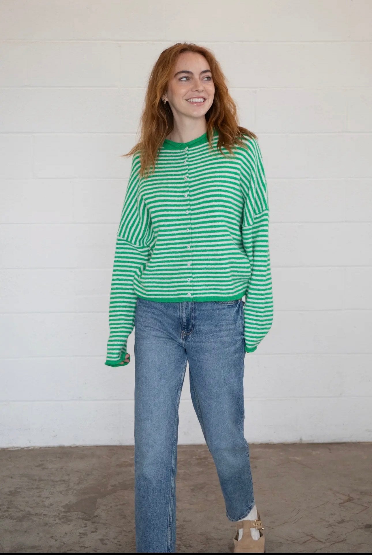 Piper Cardigan - Green & White Mini Stripe