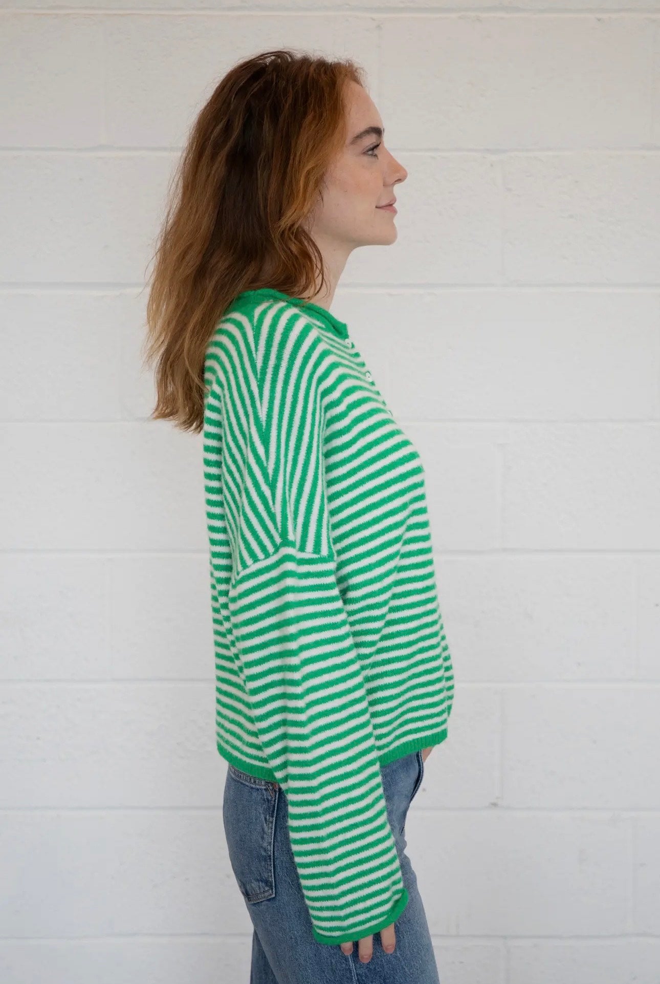 Piper Cardigan - Green & White Mini Stripe