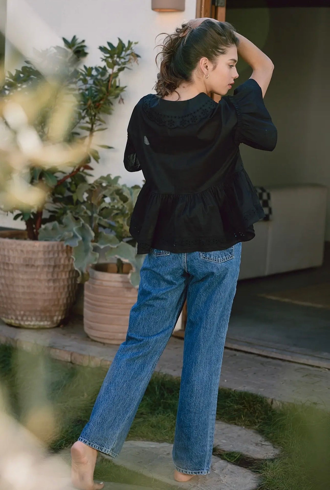 Claire Eyelet Collar Blouse in Black
