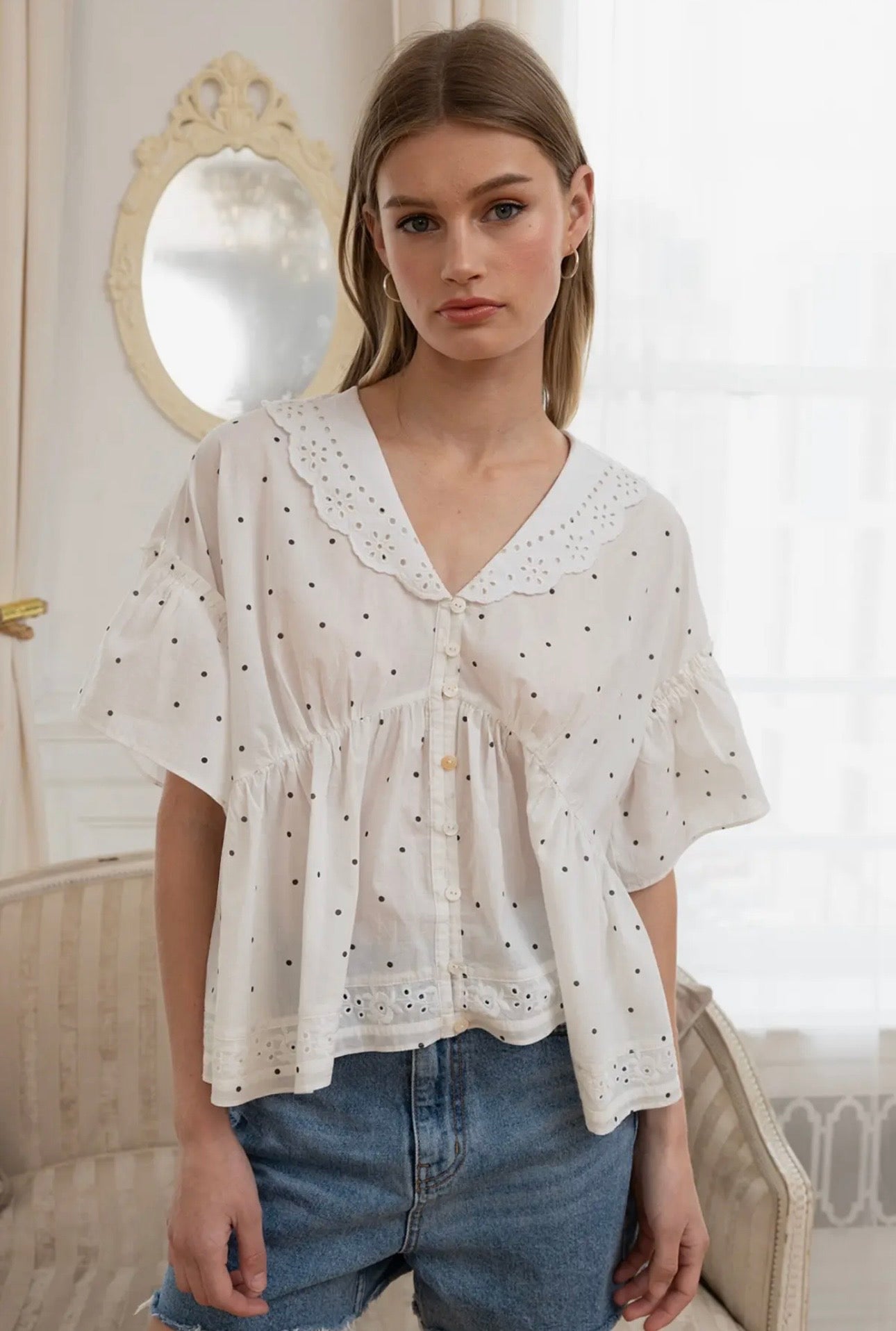 Claire Polka Dot Eyelet Collar Blouse