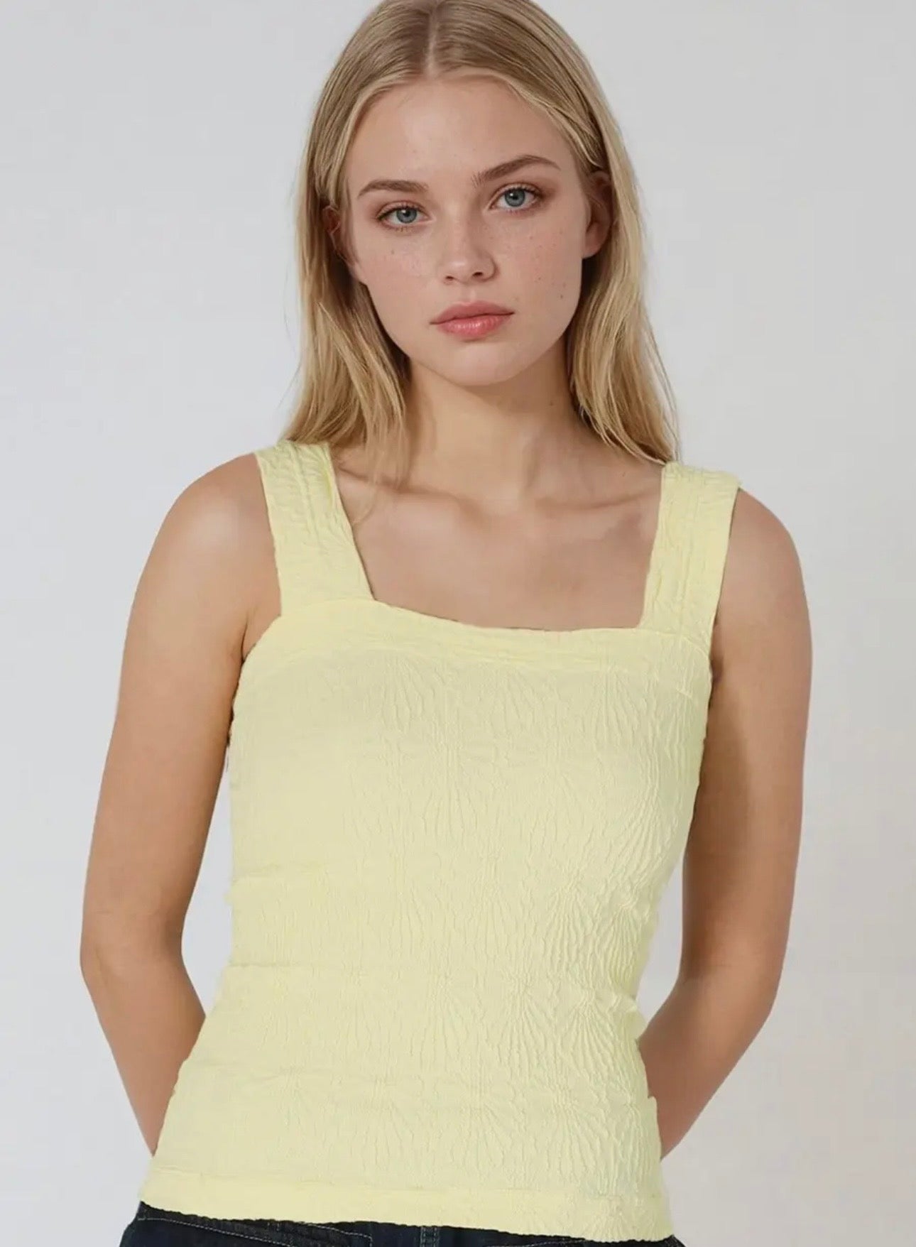 Lace Textured Square Tank - Pale Banana