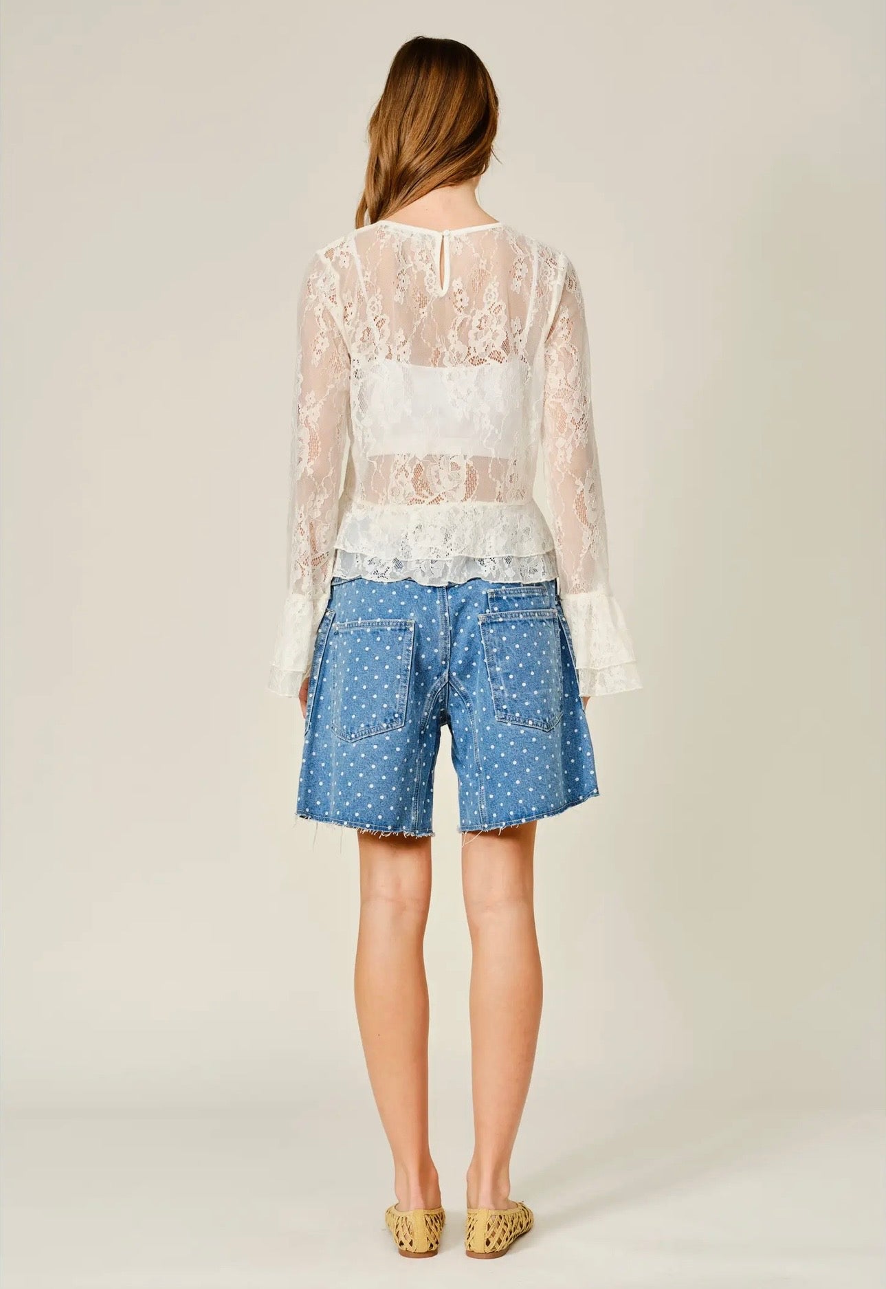 Polka Dot Denim Barrel Shorts