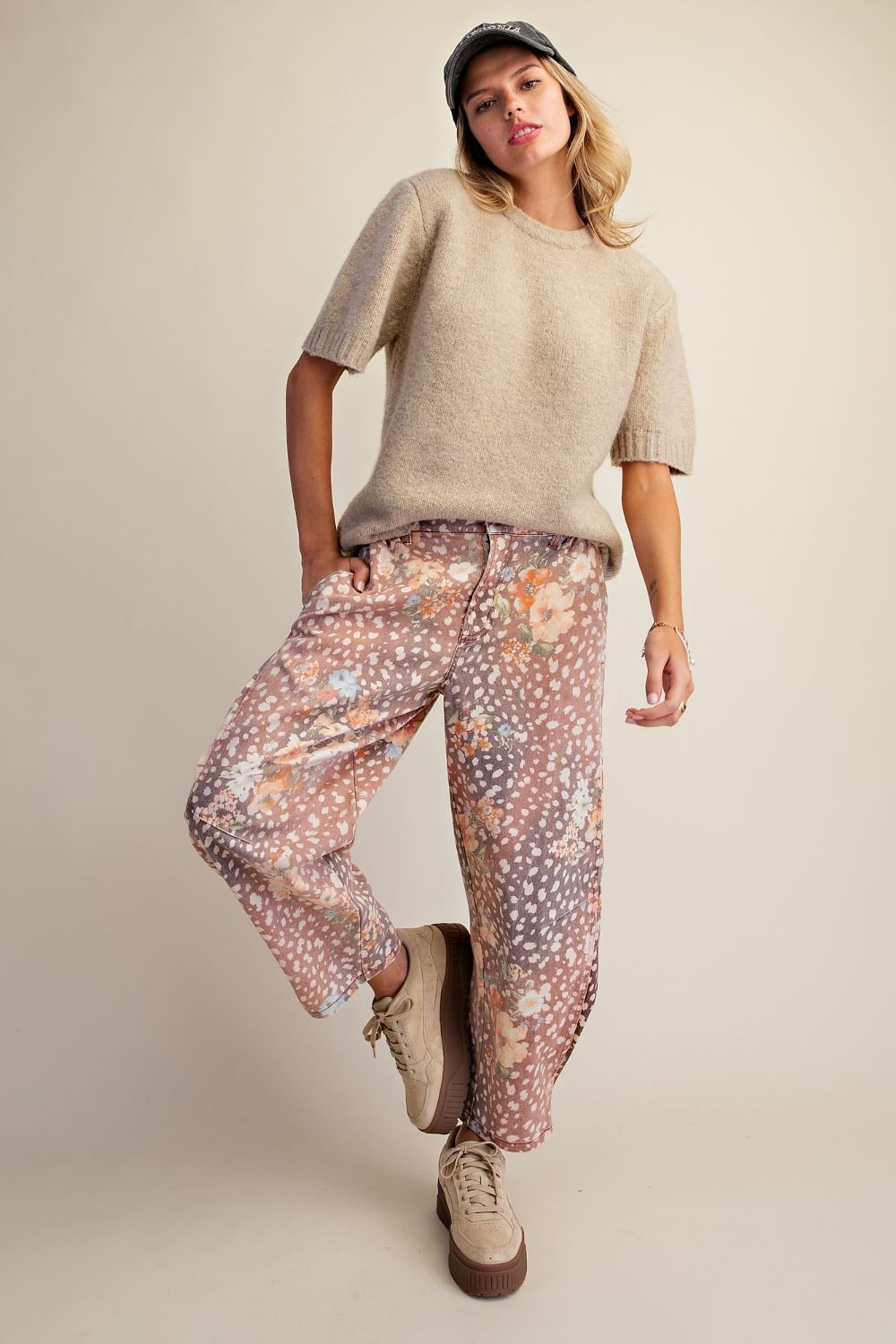 Bambi & Floral Print Washed Twill Barrel Pants