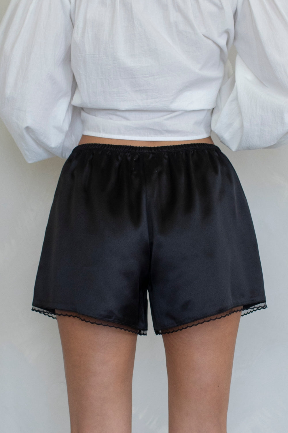 Lia - Lace Trim Satin Shorts in Black