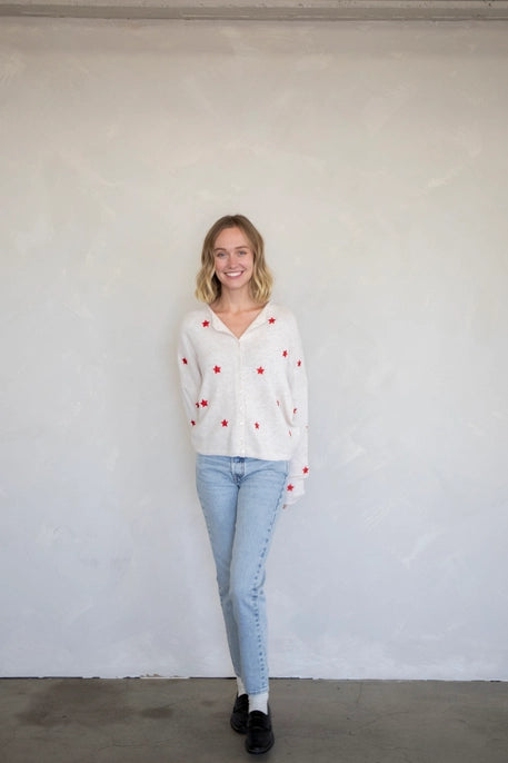 Piper Cardigan - Natural Color with Red Embroidered Stars