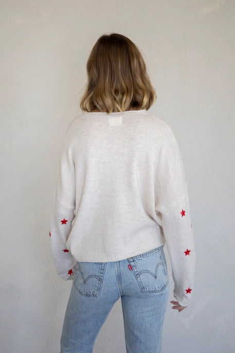 Piper Cardigan - Natural Color with Red Embroidered Stars