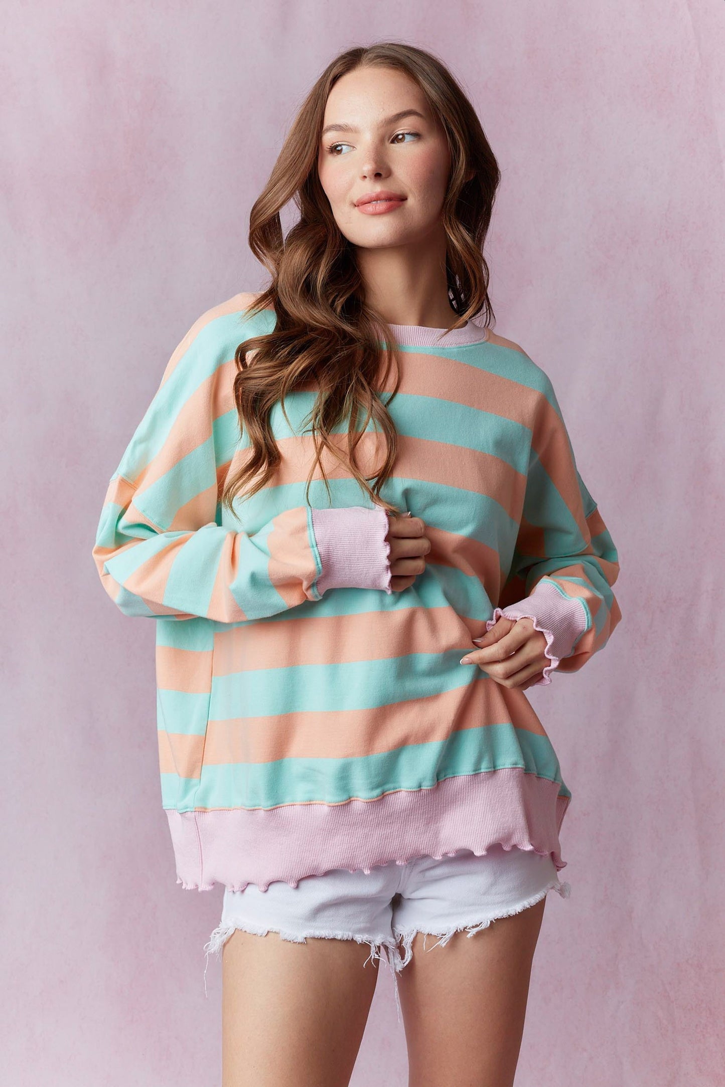 Spring Breeze Stripe Terry Top with Lettuce Rib