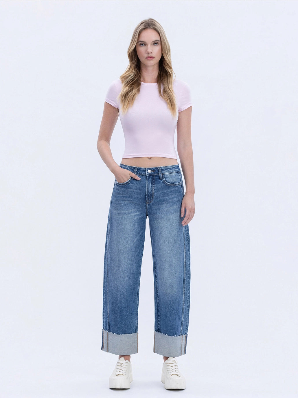 Lovervet- High Rise Cuffed Barrel Leg Jean