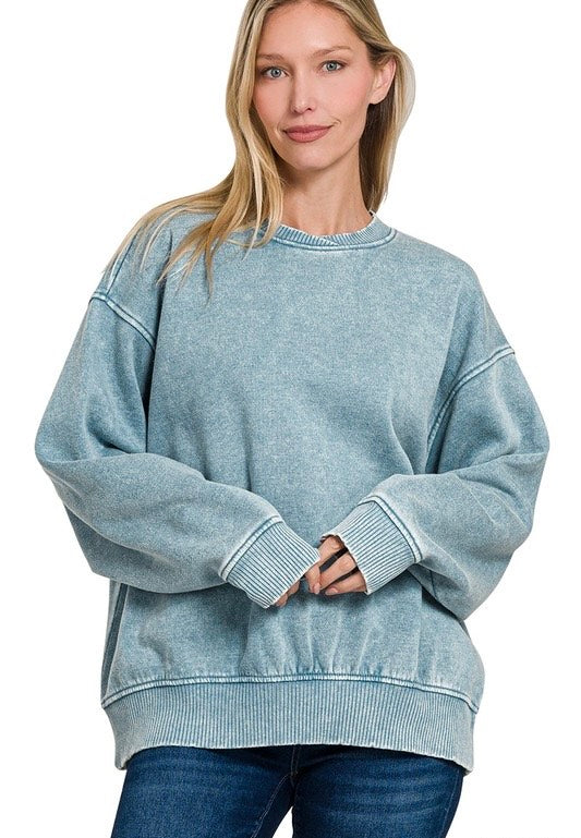 Lazy Days Acid Wash Pullover - Blue Gray