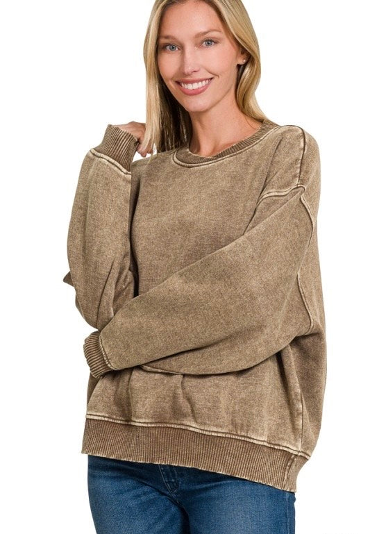 Lazy Days Acid Wash Pullover - Mocha