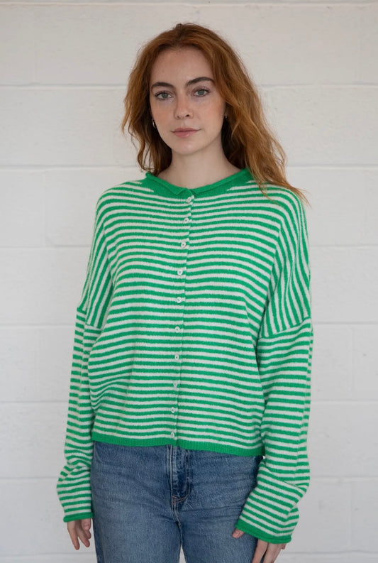 Piper Cardigan - Green & White Mini Stripe