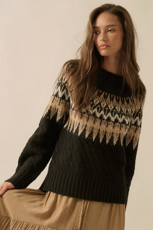 Aspen Cable Knit Fair Isle Raglan Sleeve Sweater