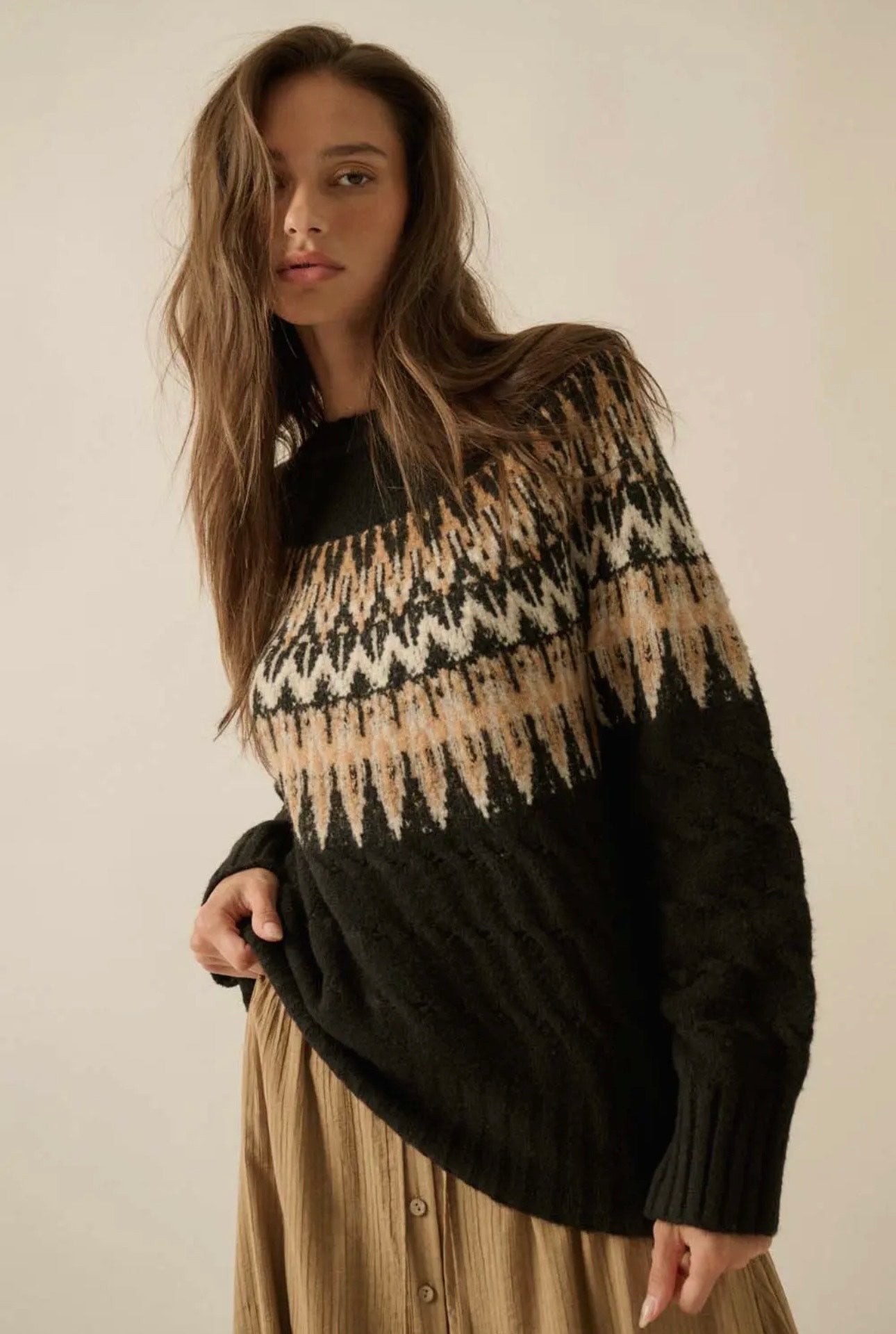Aspen Cable Knit Fair Isle Raglan Sleeve Sweater