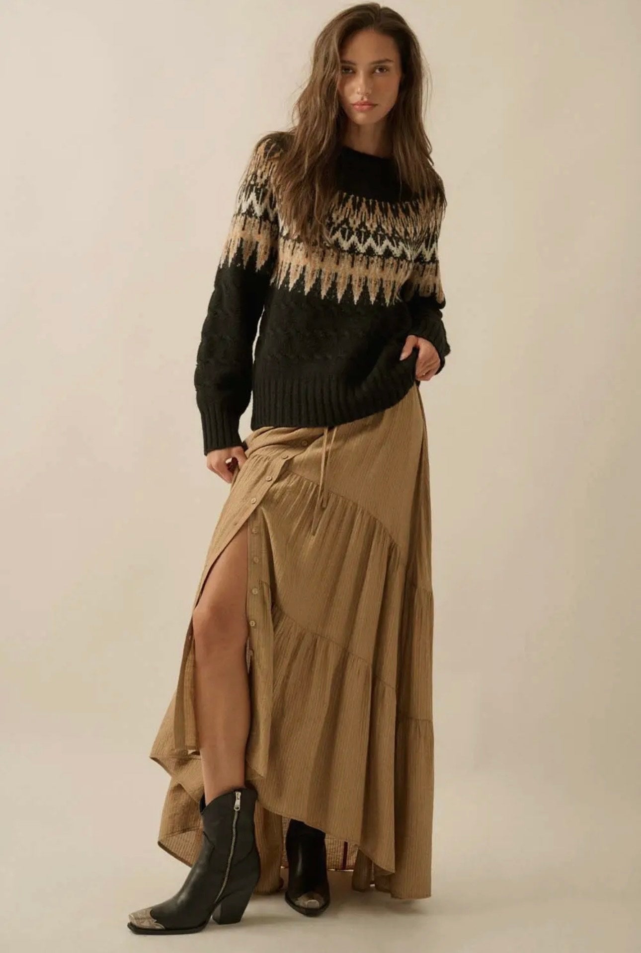 Aspen Cable Knit Fair Isle Raglan Sleeve Sweater