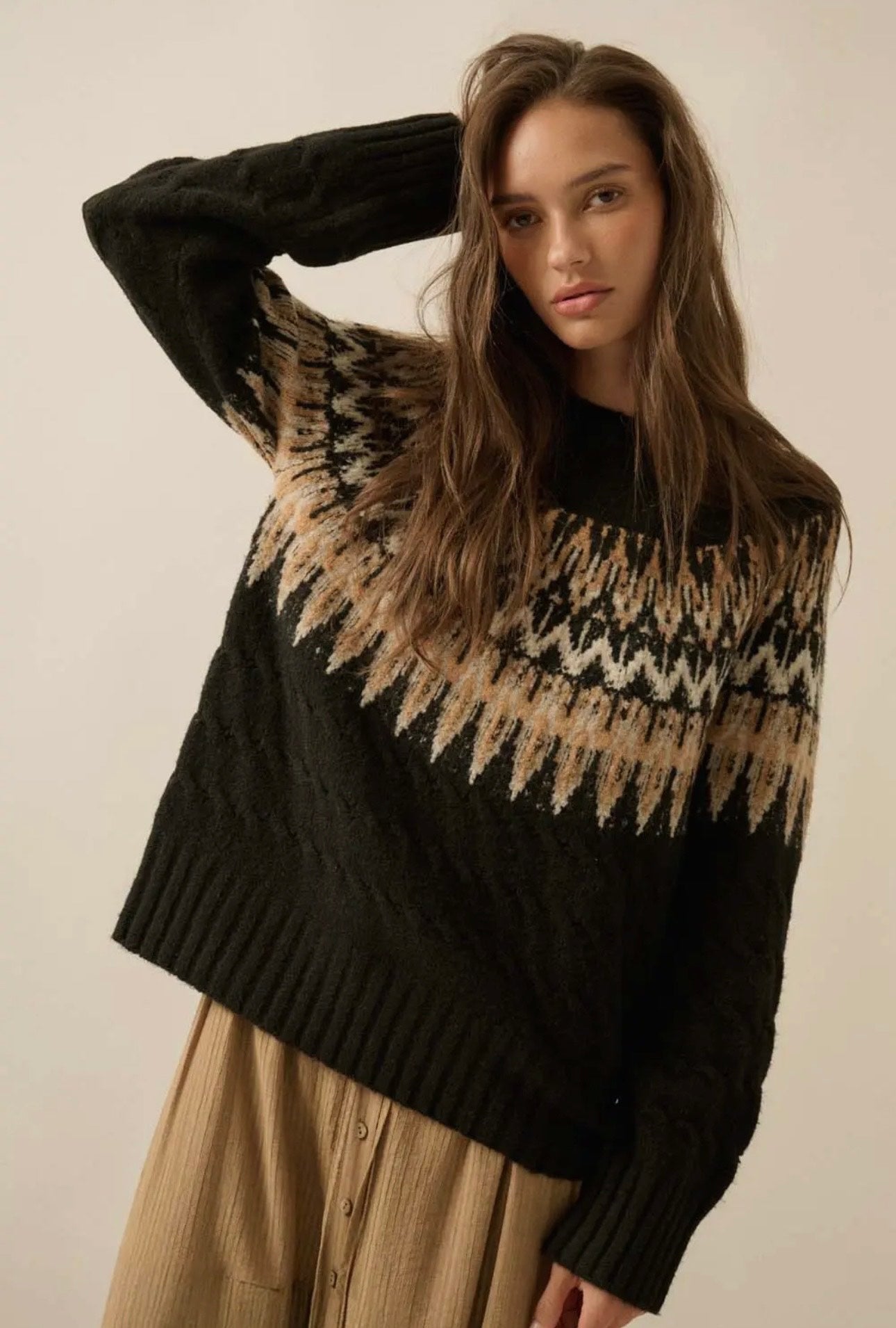 Aspen Cable Knit Fair Isle Raglan Sleeve Sweater