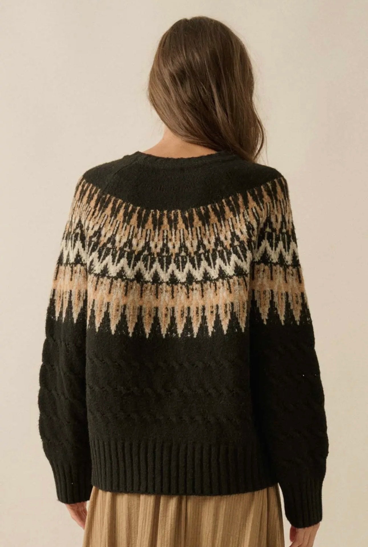 Aspen Cable Knit Fair Isle Raglan Sleeve Sweater