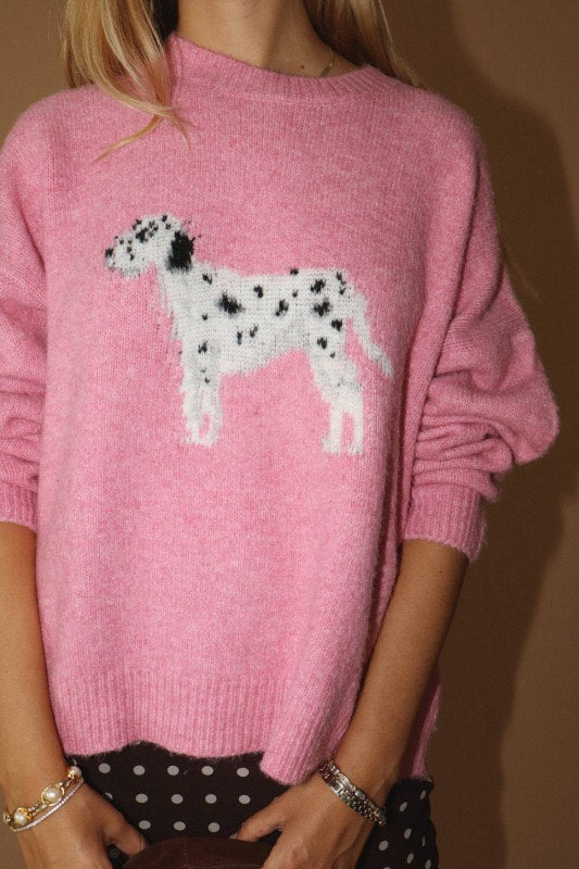 Dottie - Pink Dalmatian Crew Neck Sweater