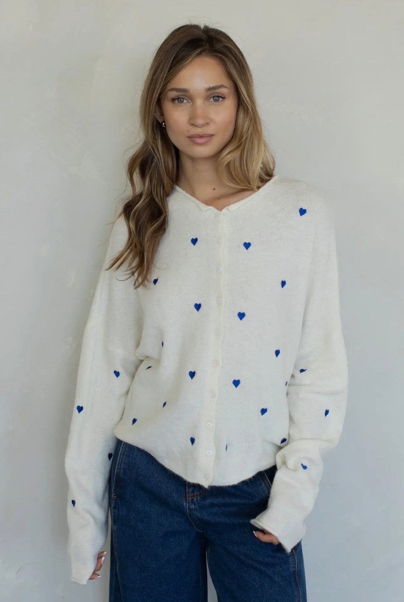 Piper Cardigan - Ivory & Blue Embroidered Hearts
