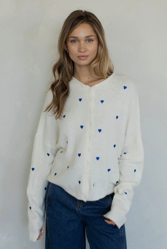 Piper Cardigan - Ivory & Blue Embroidered Hearts