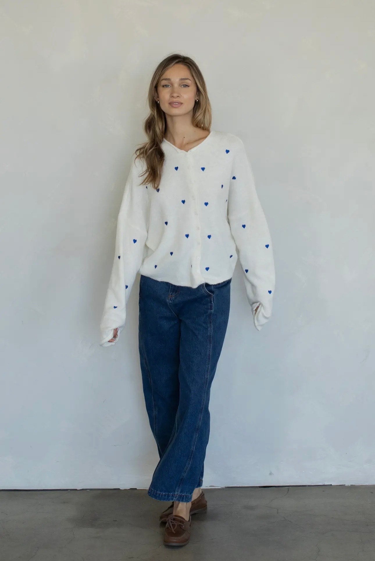 Piper Cardigan - Ivory & Blue Embroidered Hearts