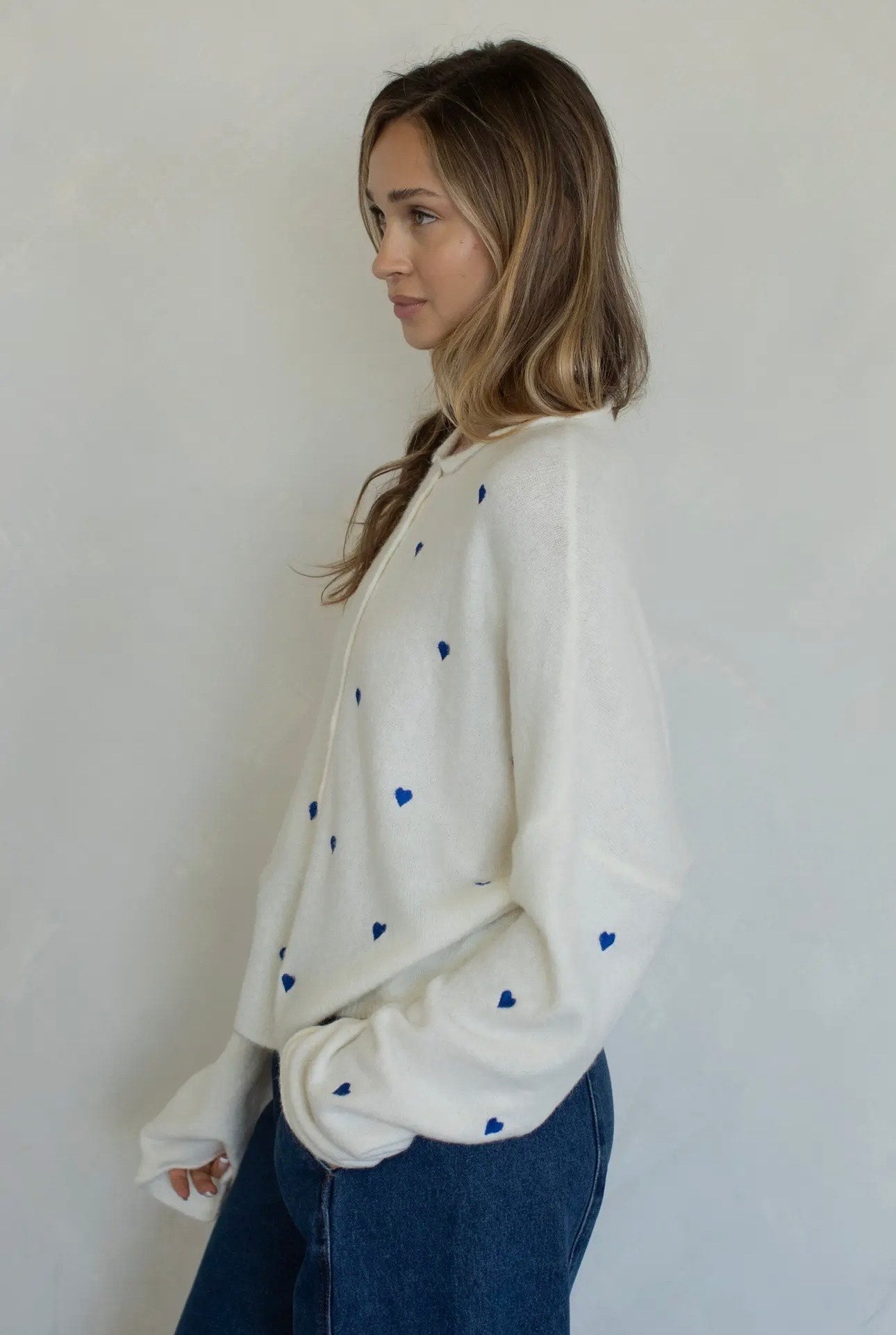 Piper Cardigan - Ivory & Blue Embroidered Hearts