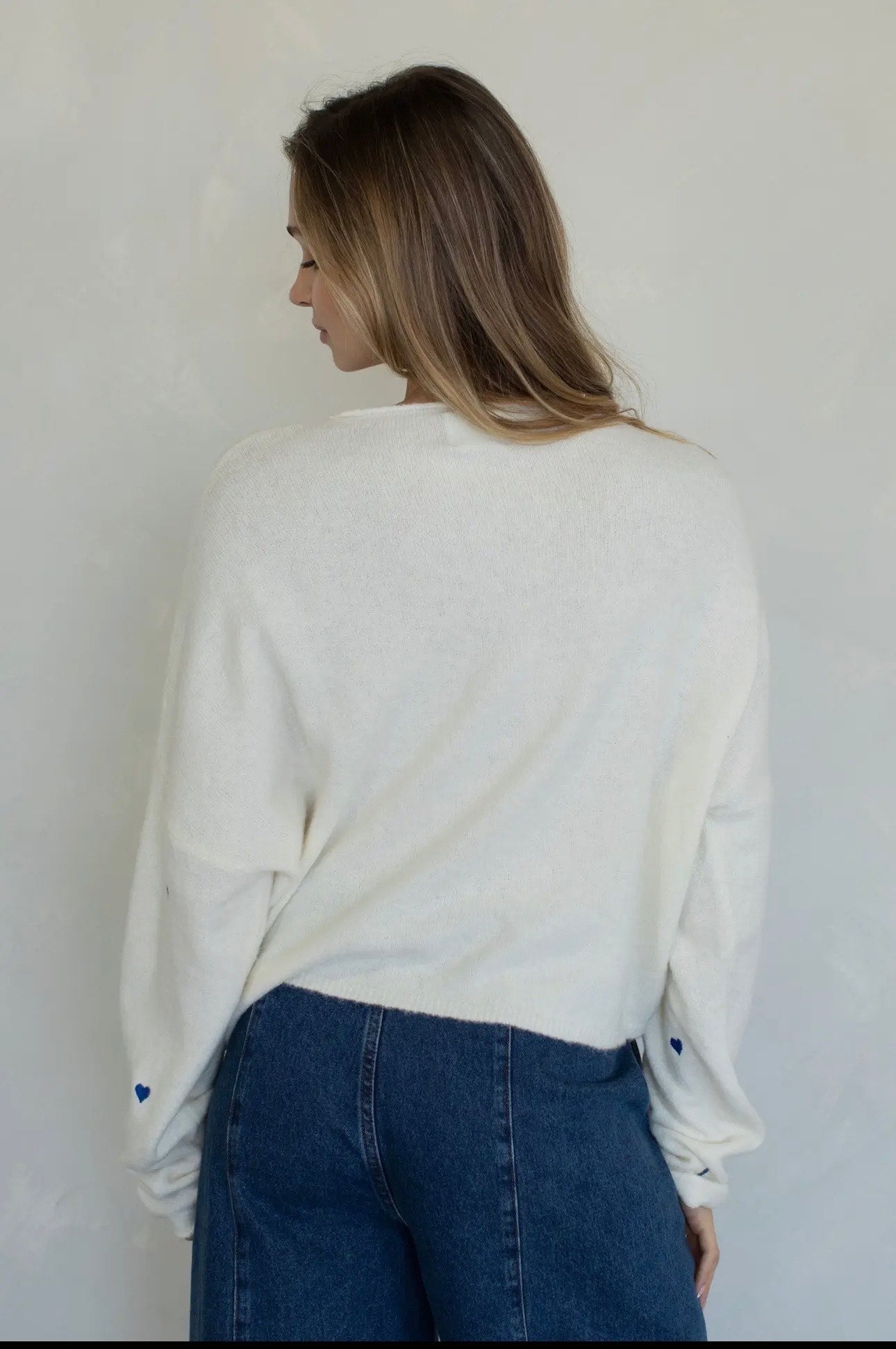 Piper Cardigan - Ivory & Blue Embroidered Hearts