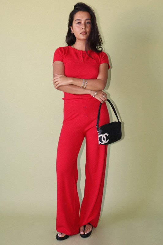 Red Pointelle Wide Leg Lounge Pants