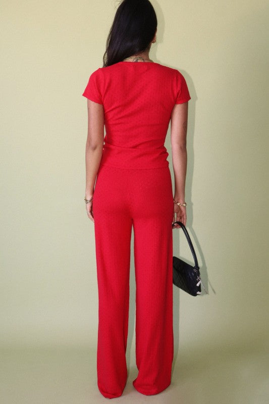 Red Pointelle Wide Leg Lounge Pants