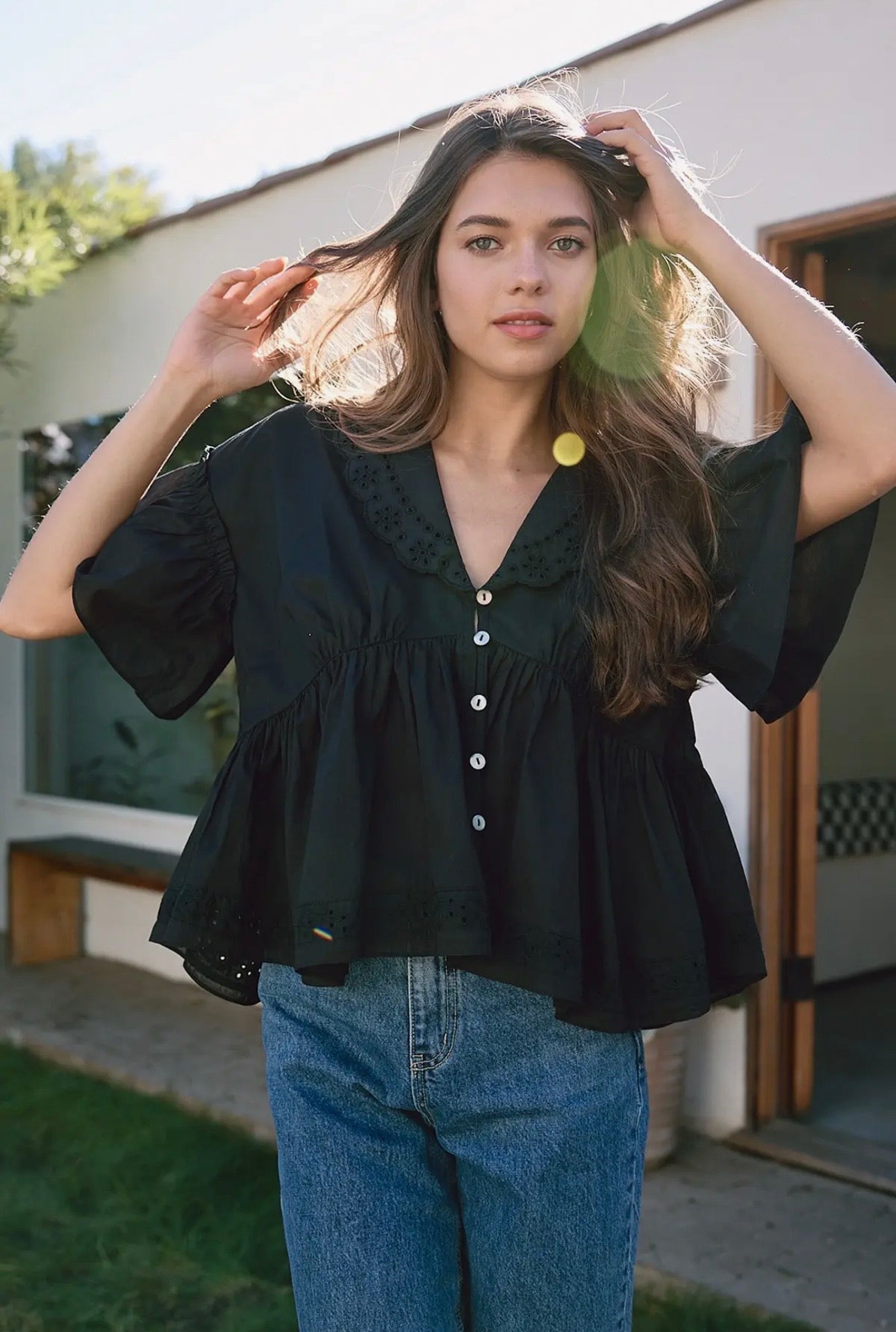 Claire Eyelet Collar Blouse in Black