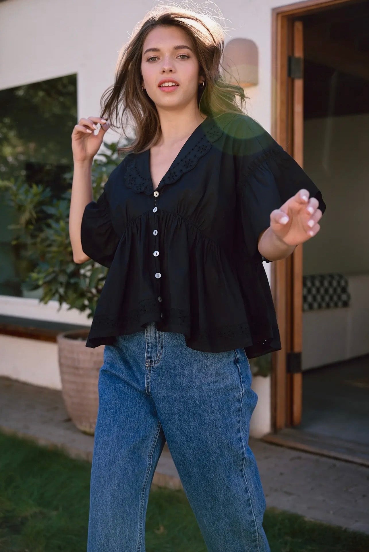 Claire Eyelet Collar Blouse in Black