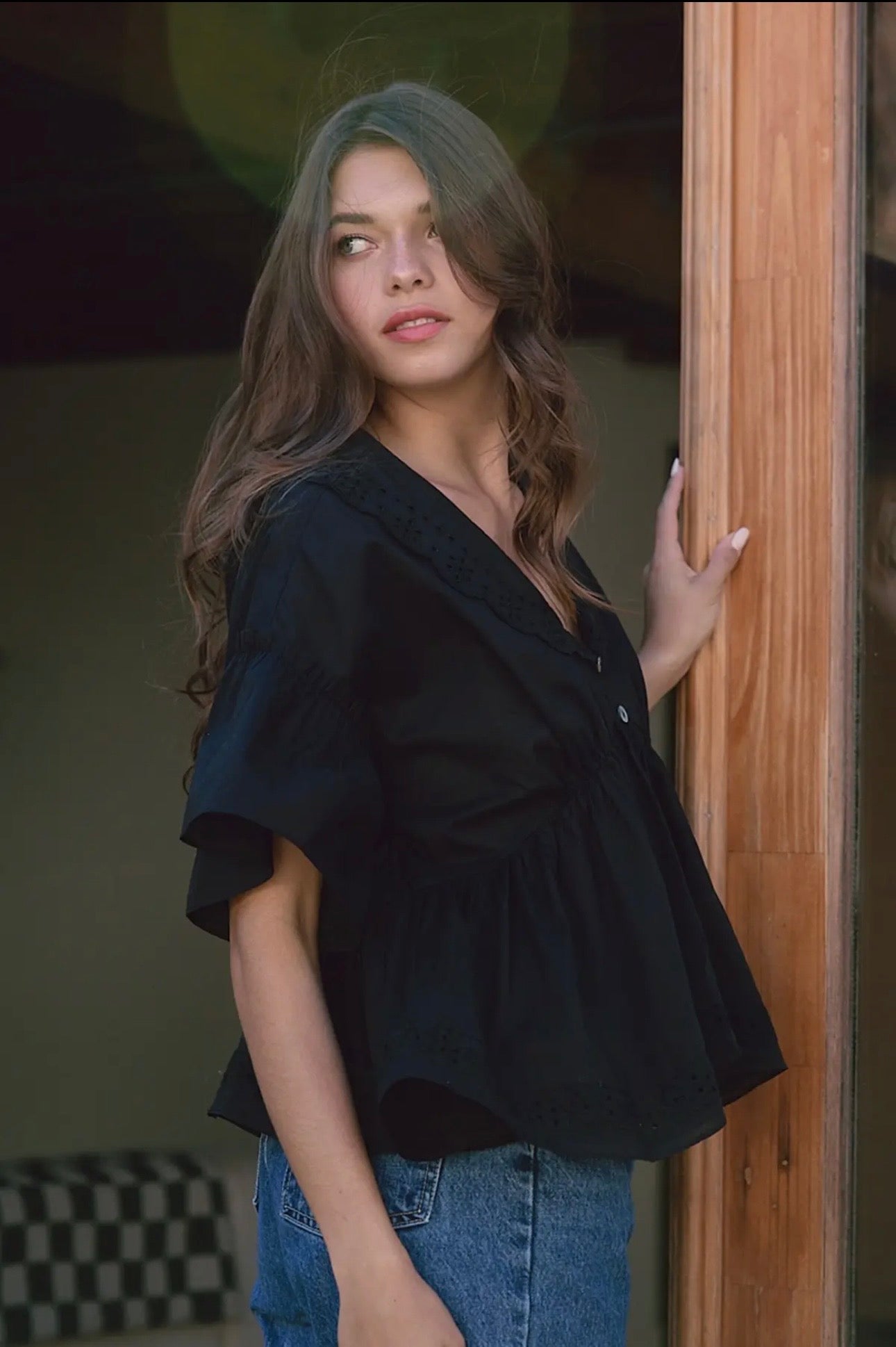 Claire Eyelet Collar Blouse in Black