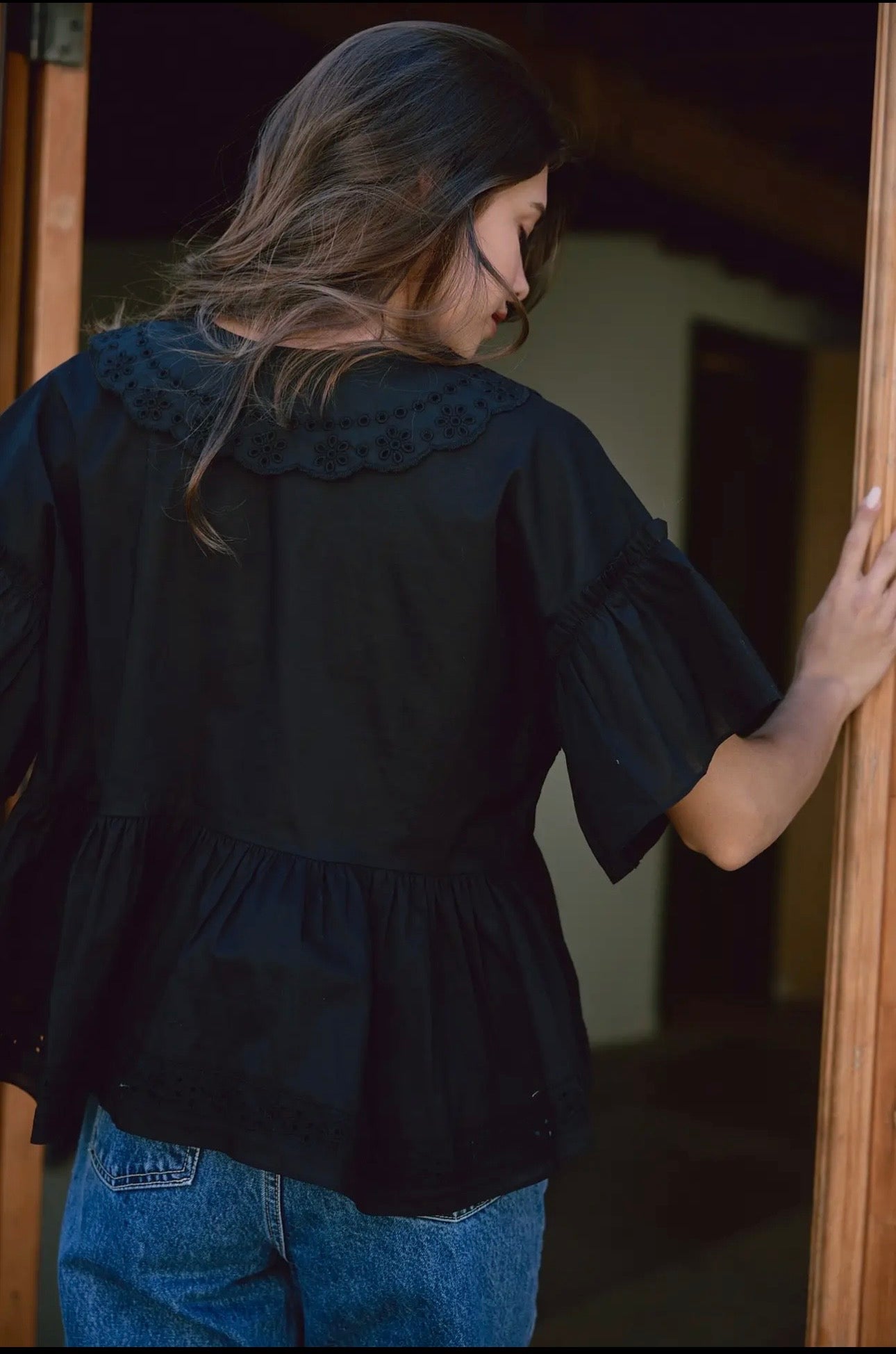 Claire Eyelet Collar Blouse in Black