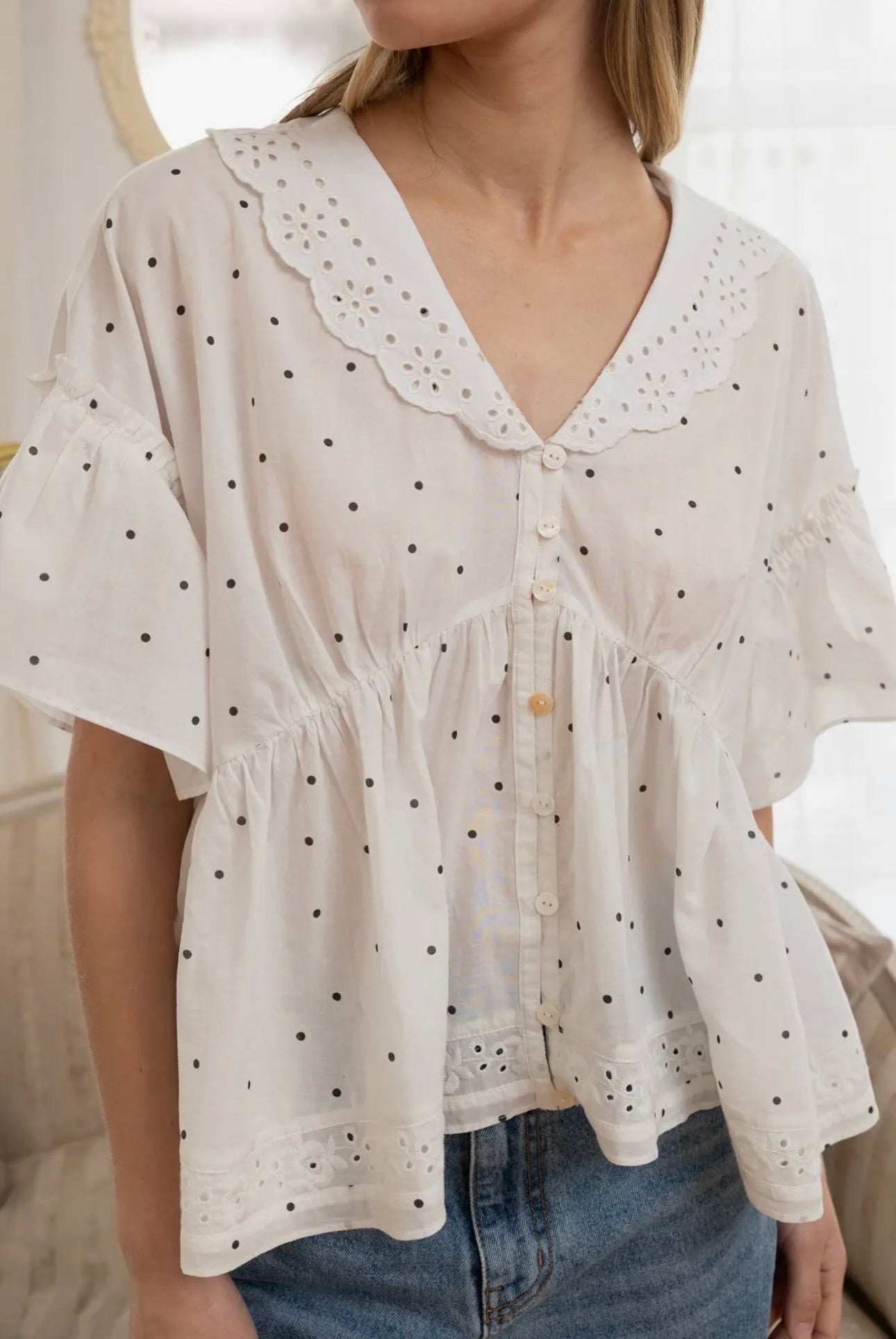 Claire Polka Dot Eyelet Collar Blouse