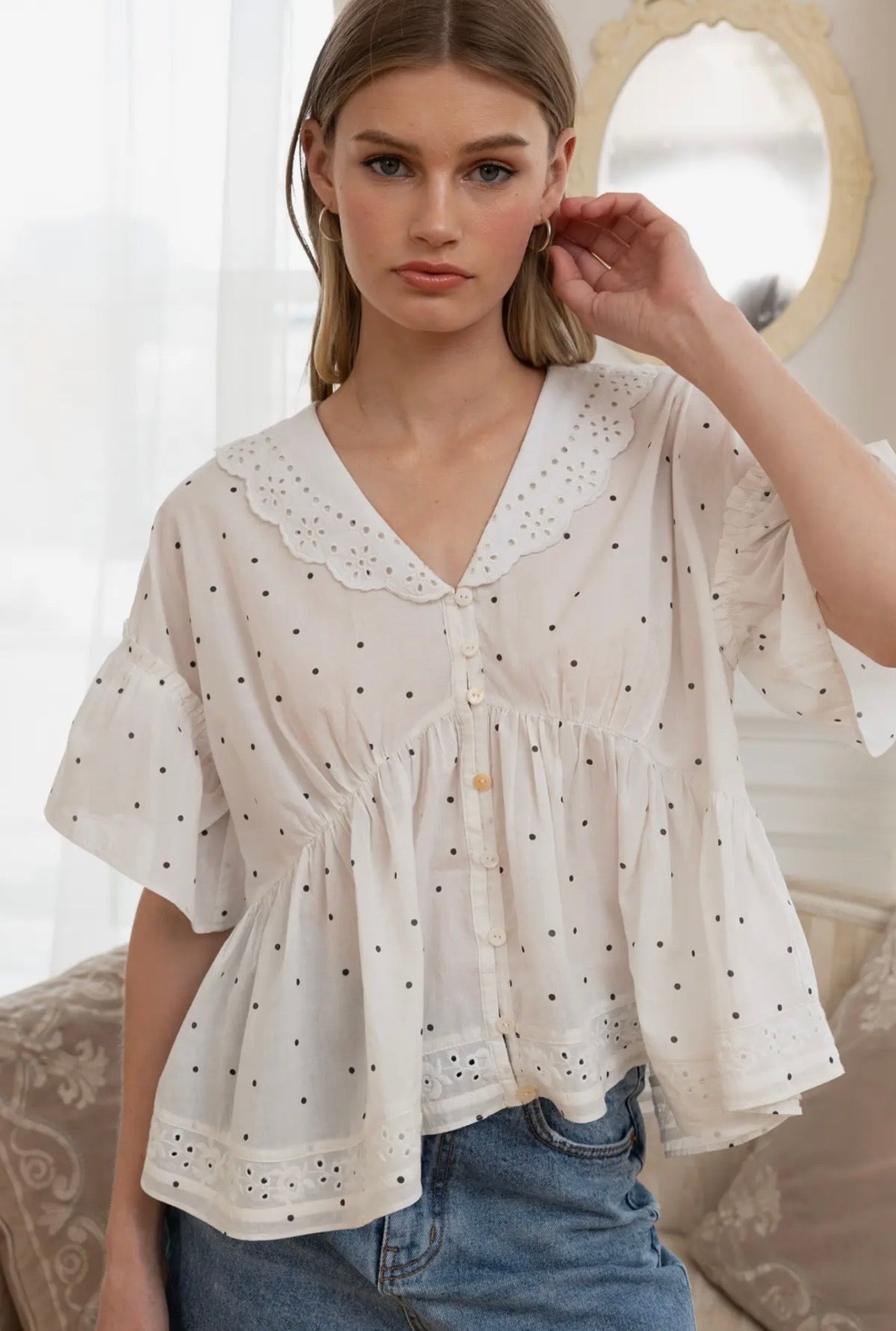 Claire Polka Dot Eyelet Collar Blouse