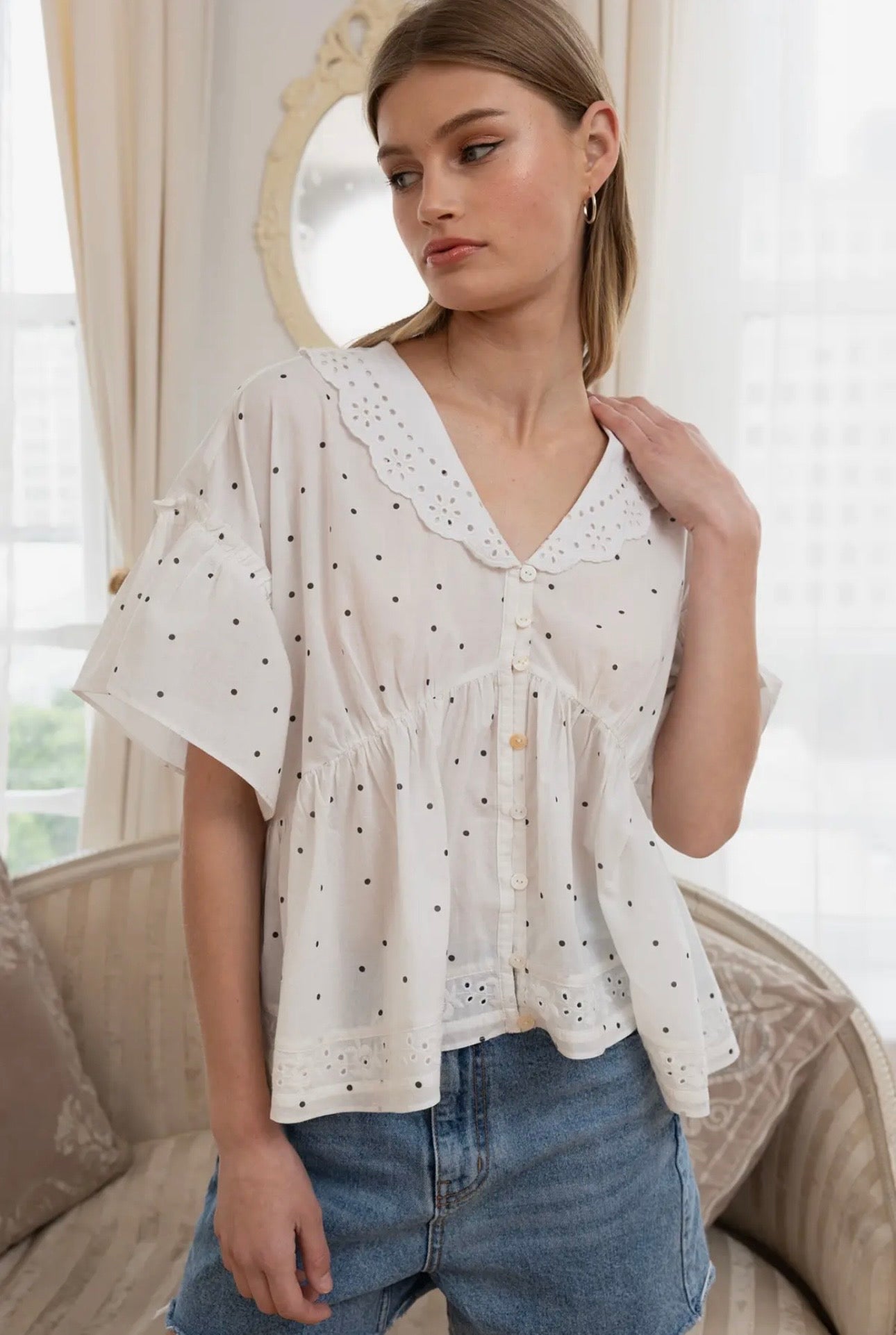 Claire Polka Dot Eyelet Collar Blouse