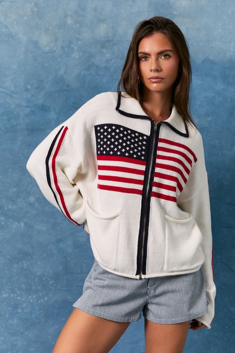 USA Flag Collared Sweater Jacket