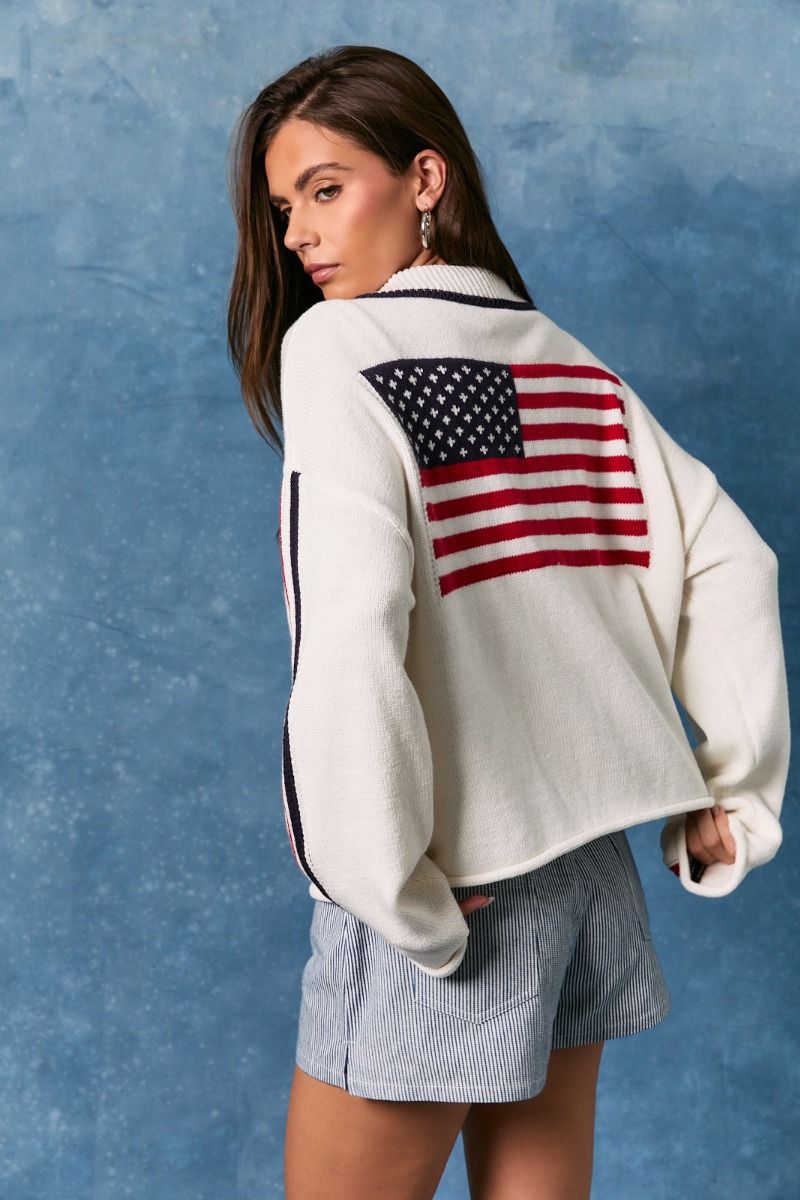 USA Flag Collared Sweater Jacket