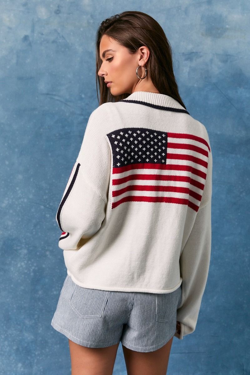 USA Flag Collared Sweater Jacket
