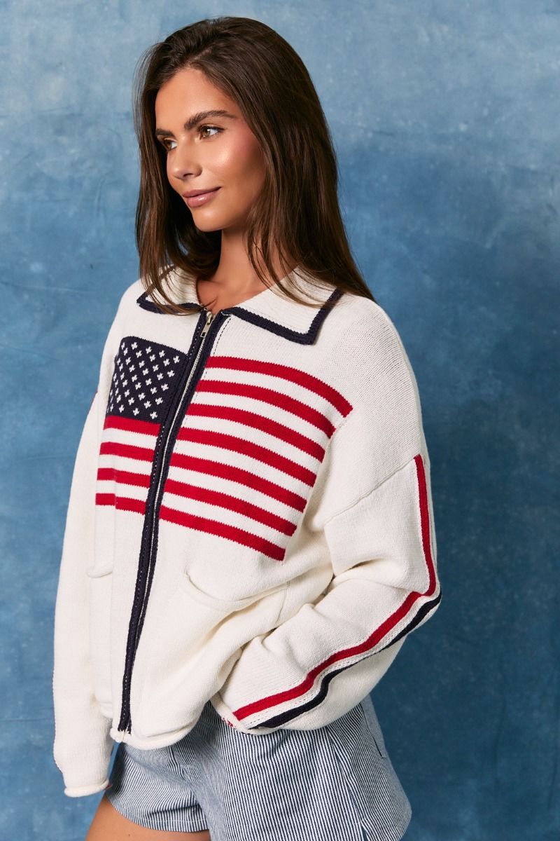 USA Flag Collared Sweater Jacket