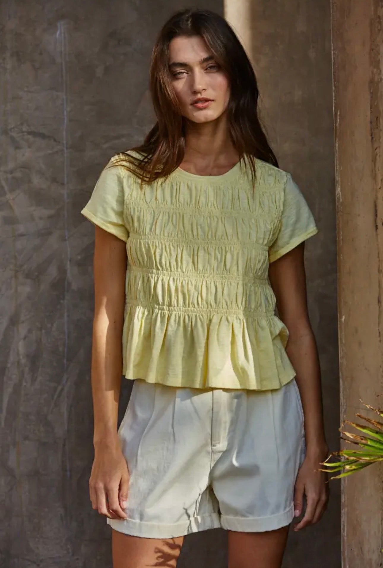 Mattie Smocked Cotton Tee - Soft Yellow