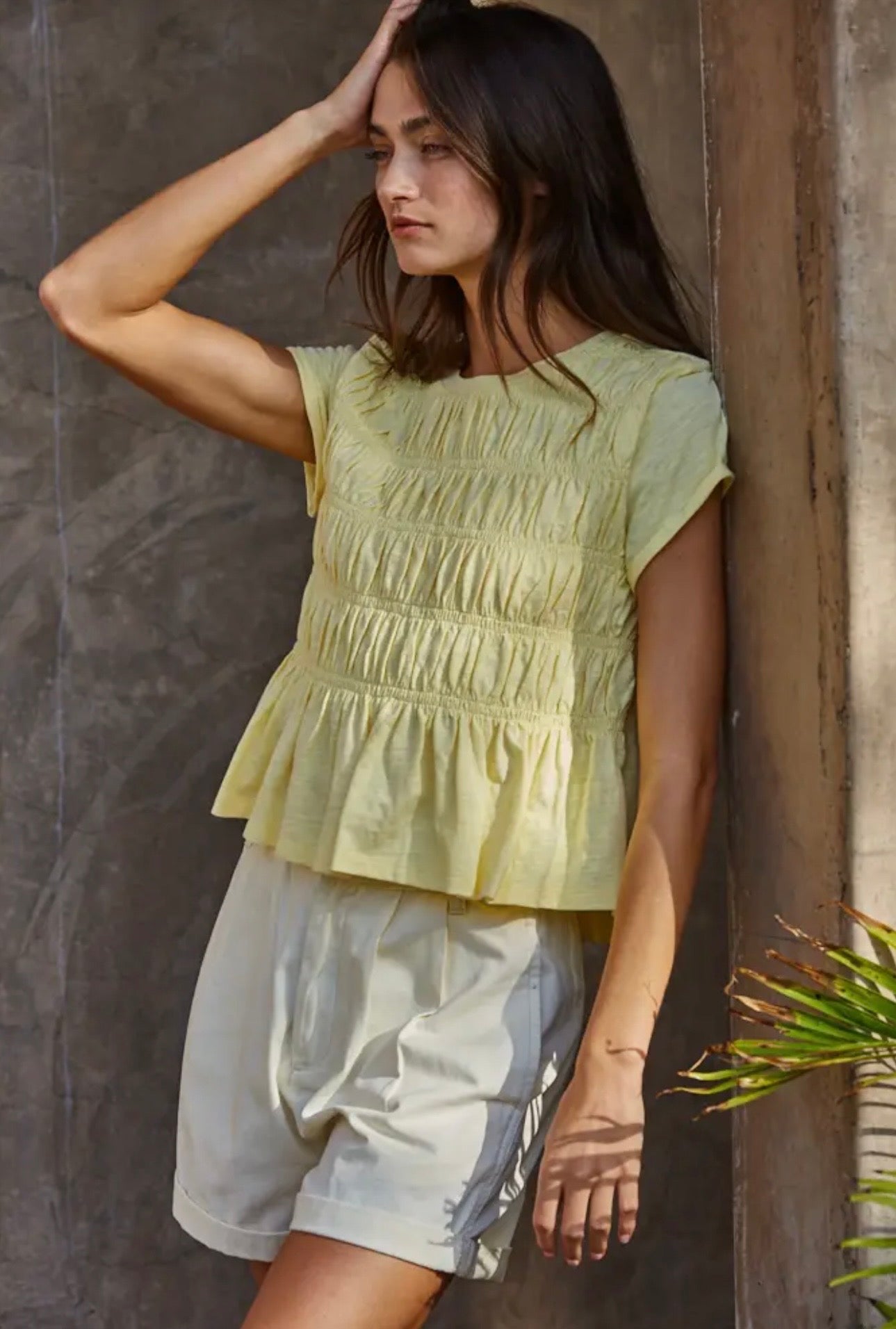 Mattie Smocked Cotton Tee - Soft Yellow