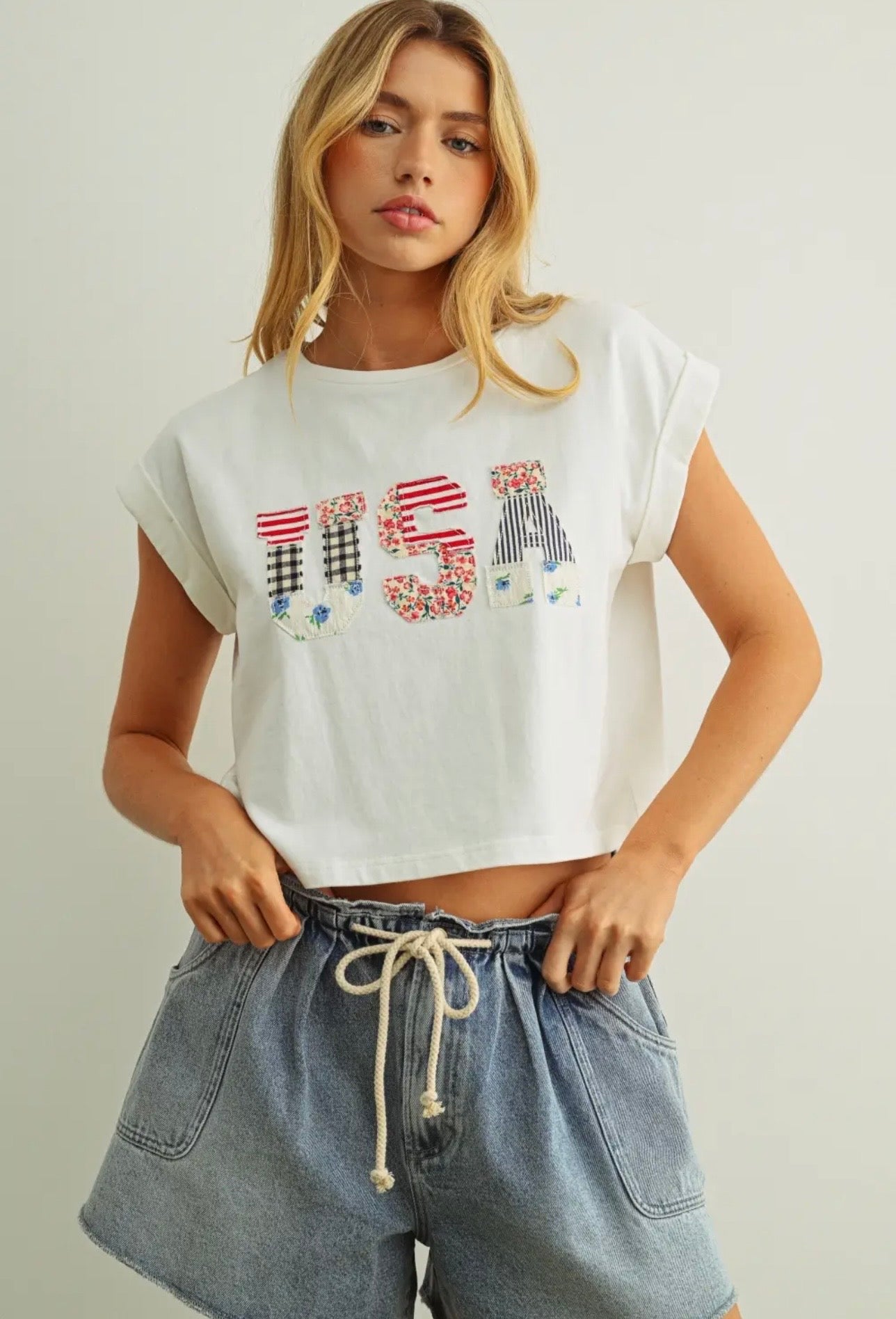 USA Floral Patchwork Tee - White