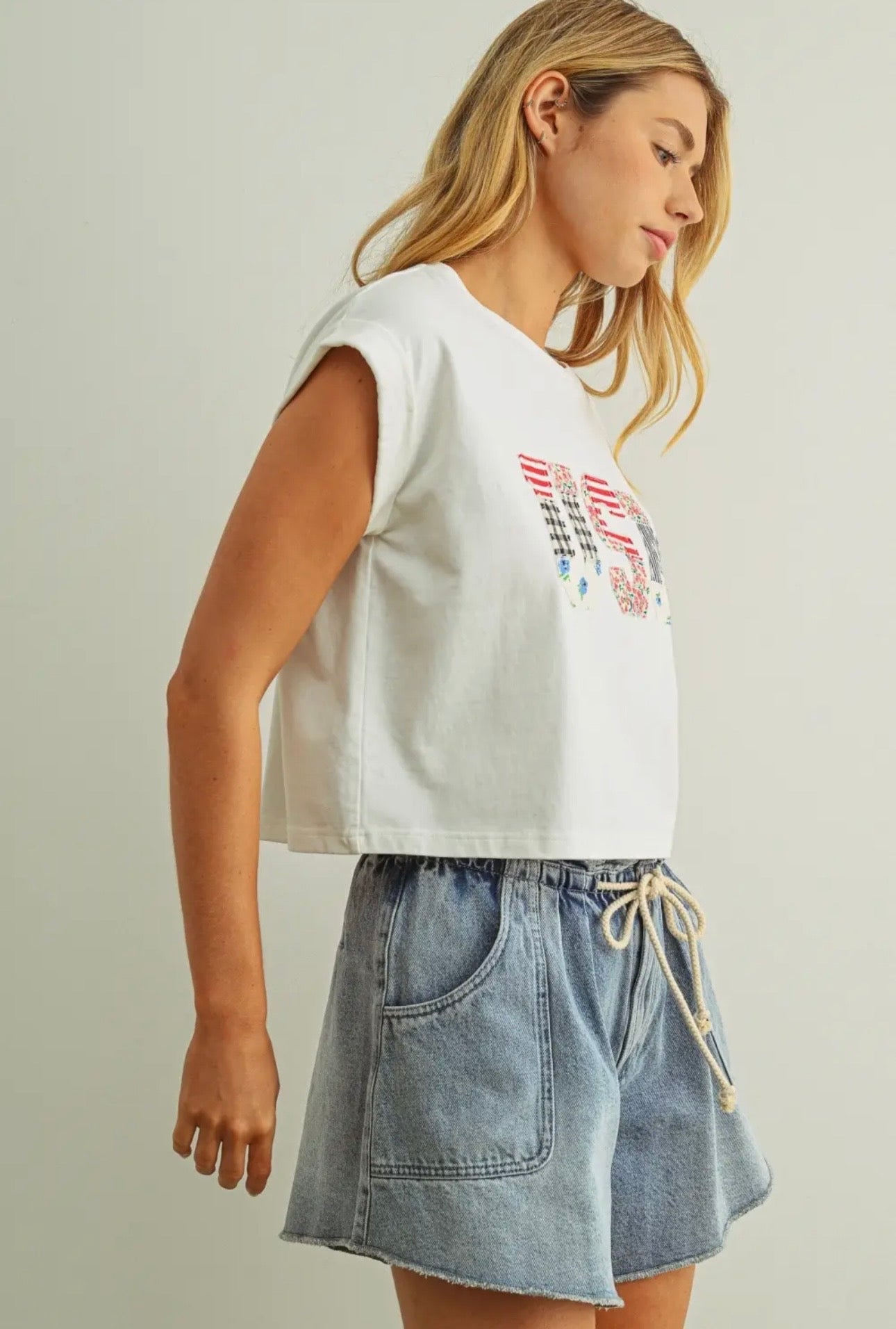 USA Floral Patchwork Tee - White