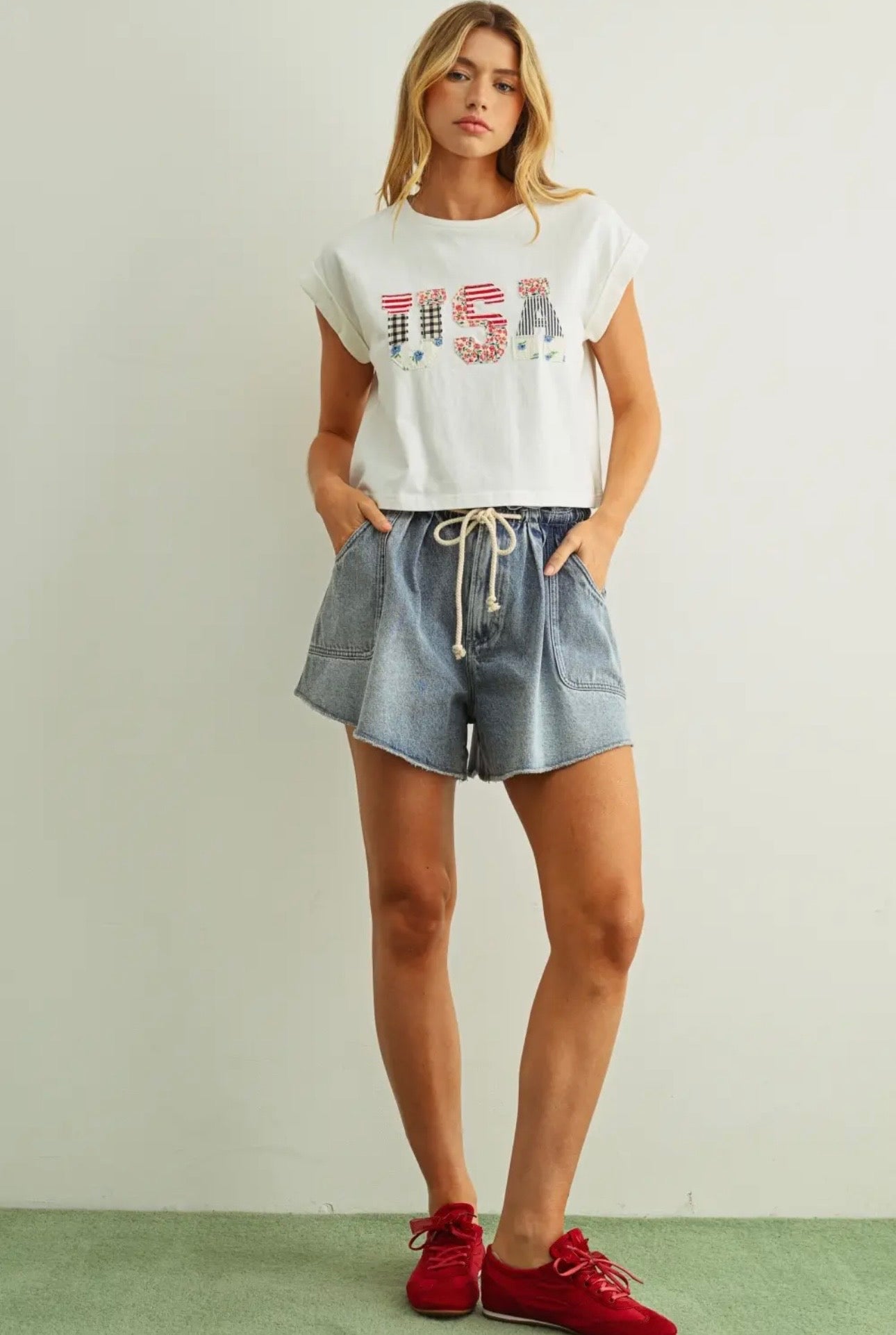 USA Floral Patchwork Tee - White