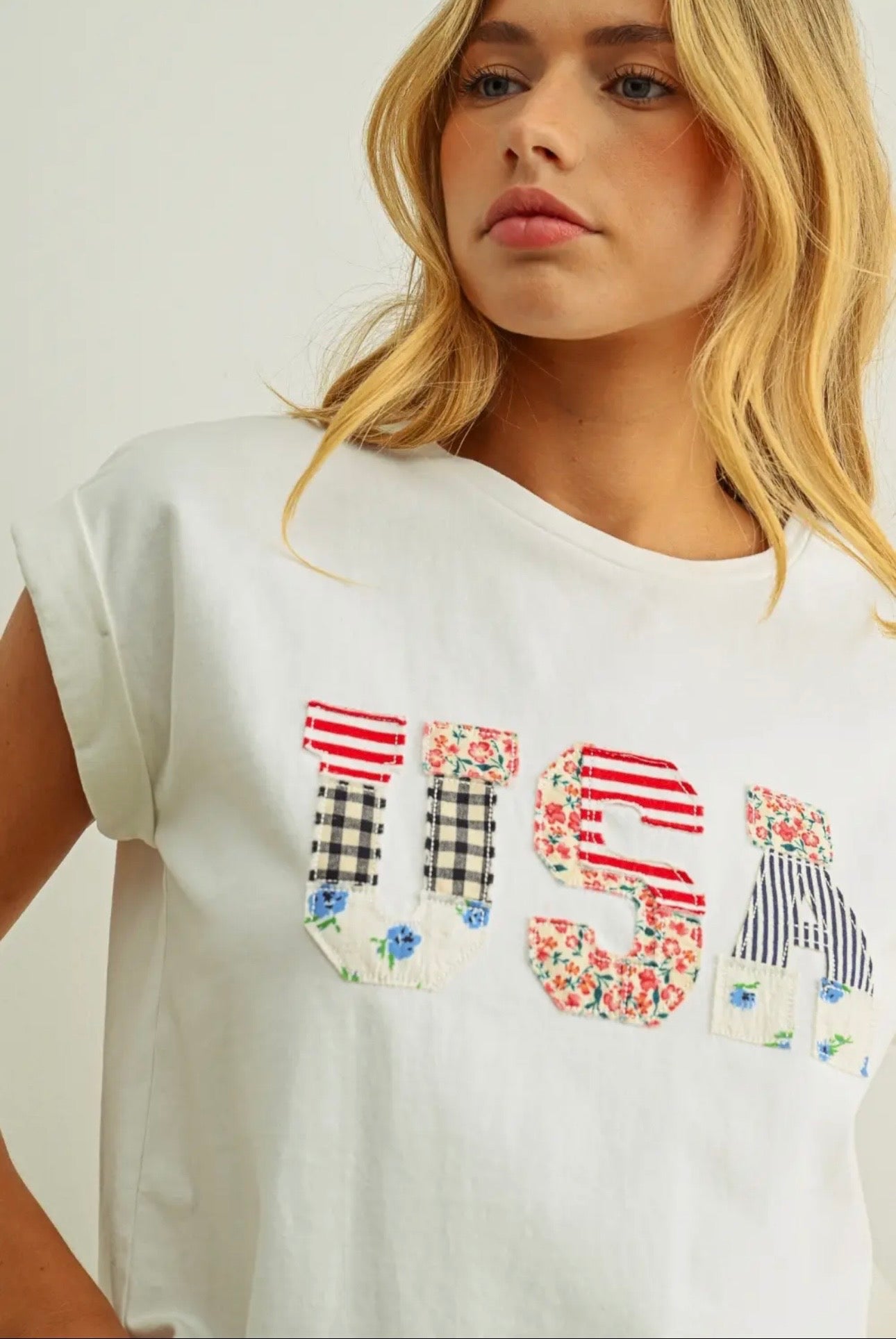 USA Floral Patchwork Tee - White