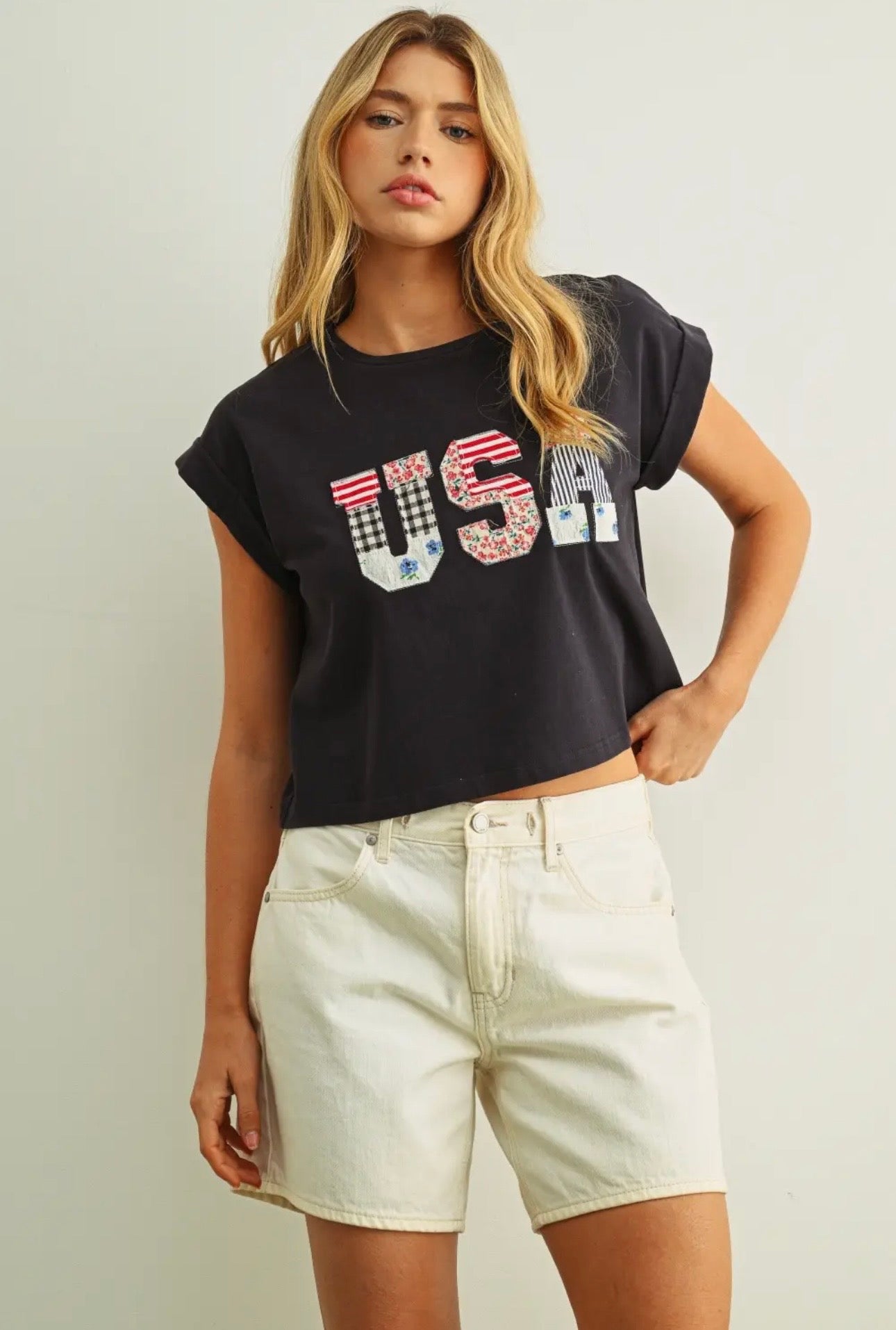 USA Floral Patchwork Tee - Navy Blue