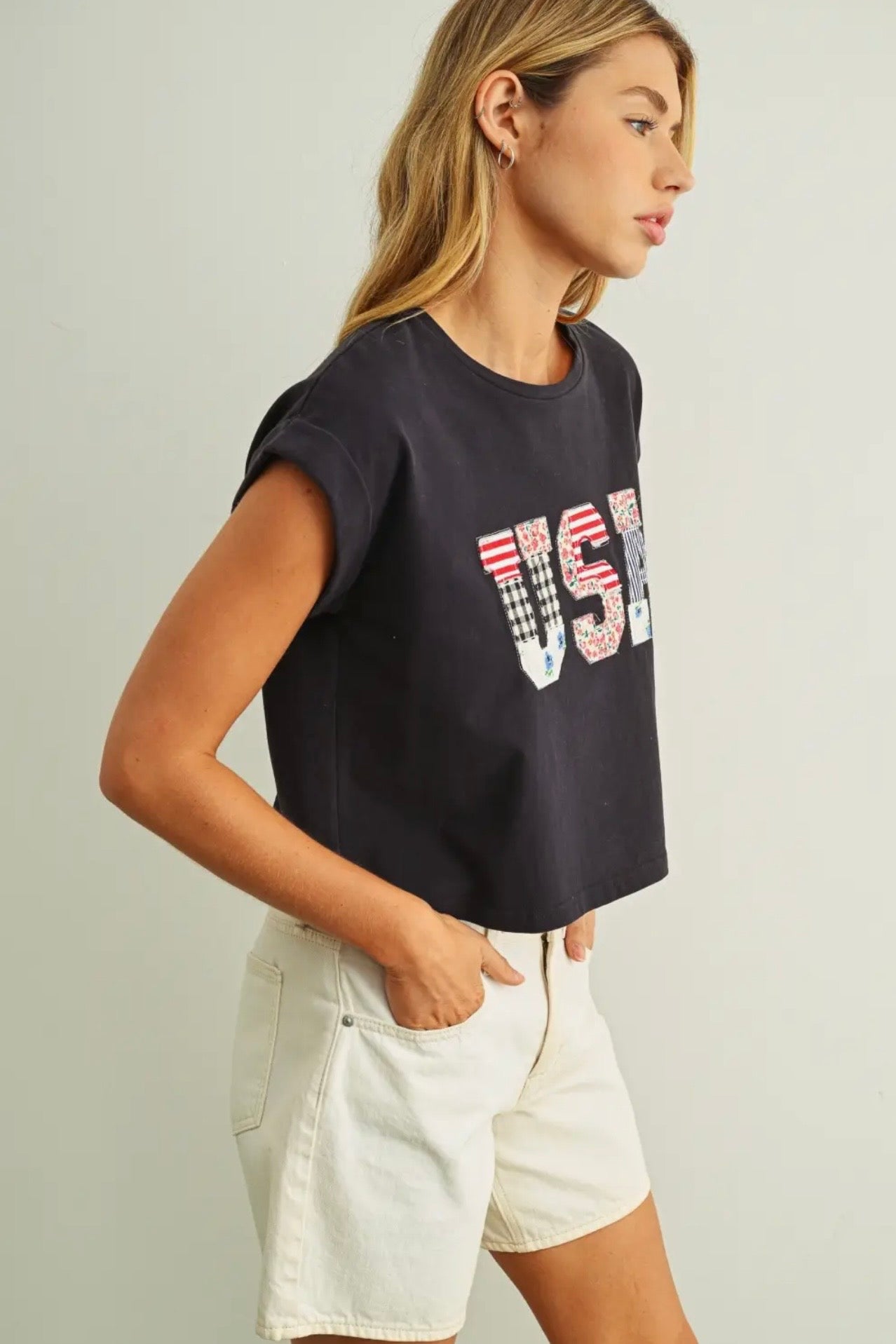 USA Floral Patchwork Tee - Navy Blue